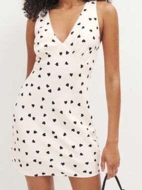 Reformation Mini Slip Dress in Cream with Black Heart Print